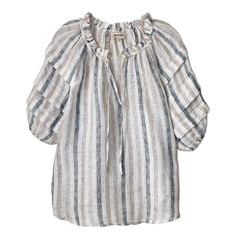 Sheer Stripe Pintuck Sleeve Top, Smoke